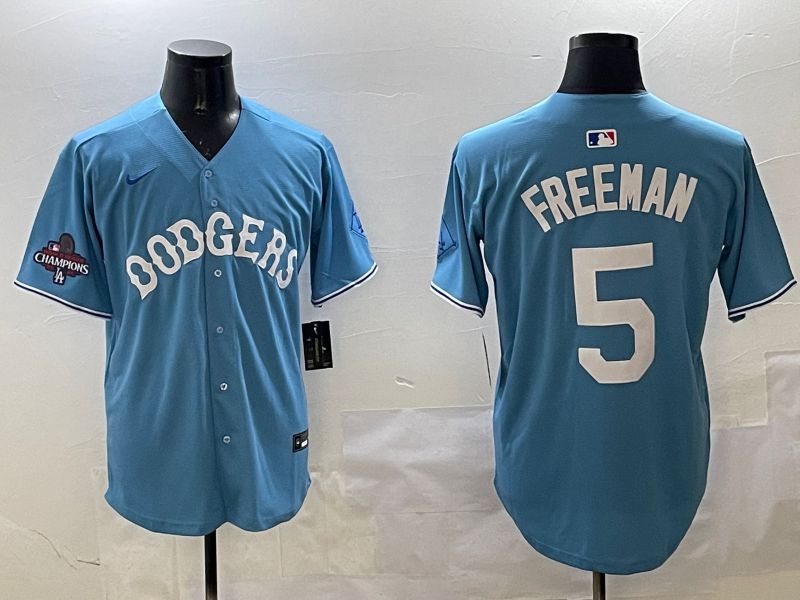 Men Los Angeles Dodgers 5 Freeman Light Blue Throwback Game 2025 Nike MLB Jersey style 15